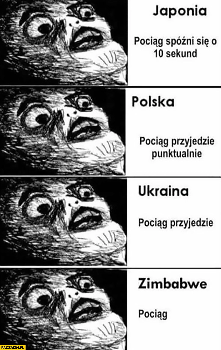 
    Zdziwienie Japonia pociąg spóźni się o 10 sekund, Polska pociąg przyjedzie punktualnie, Ukraina pociąg przyjedzie, Zimbabwe pociąg