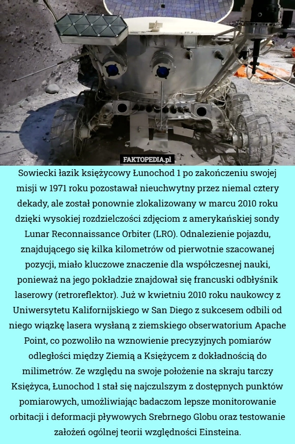 
    Sowiecki łazik księżycowy Łunochod 1 po zakończeniu swojej misji w 1971