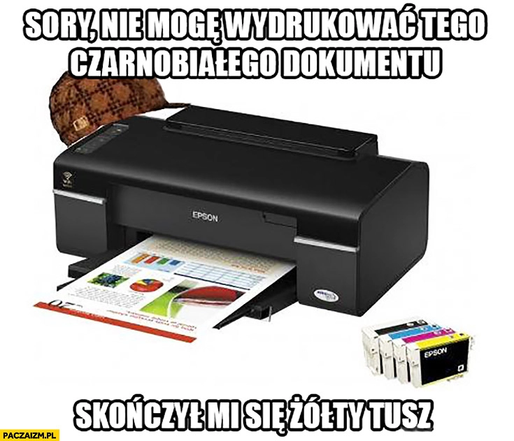 
    Sory nie mogę wydrukować tego czarno-białego dokumentu, skończył mi się żółty tusz drukarka