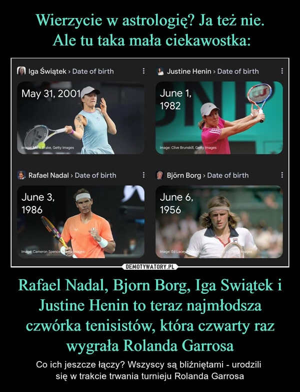 
    Wierzycie w astrologię? Ja też nie.
 Ale tu taka mała ciekawostka: Rafael Nadal, Bjorn Borg, Iga Swiątek i Justine Henin to teraz najmłodsza czwórka tenisistów, która czwarty raz wygrała Rolanda Garrosa