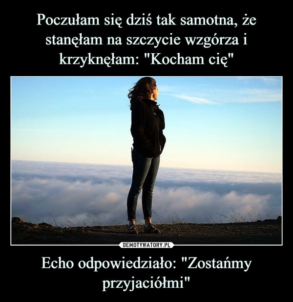 
    Poczułam się dziś tak samotna, że stanęłam na szczycie wzgórza i krzyknęłam: "Kocham cię" Echo odpowiedziało: "Zostańmy przyjaciółmi"