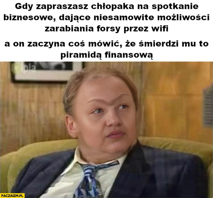 
    Gdy zapraszasz chłopaka na spotkanie biznesowe dające możliwość zarabiania przez wifi a on zaczyna coś mówić że śmierdzi mu to piramidą finansową