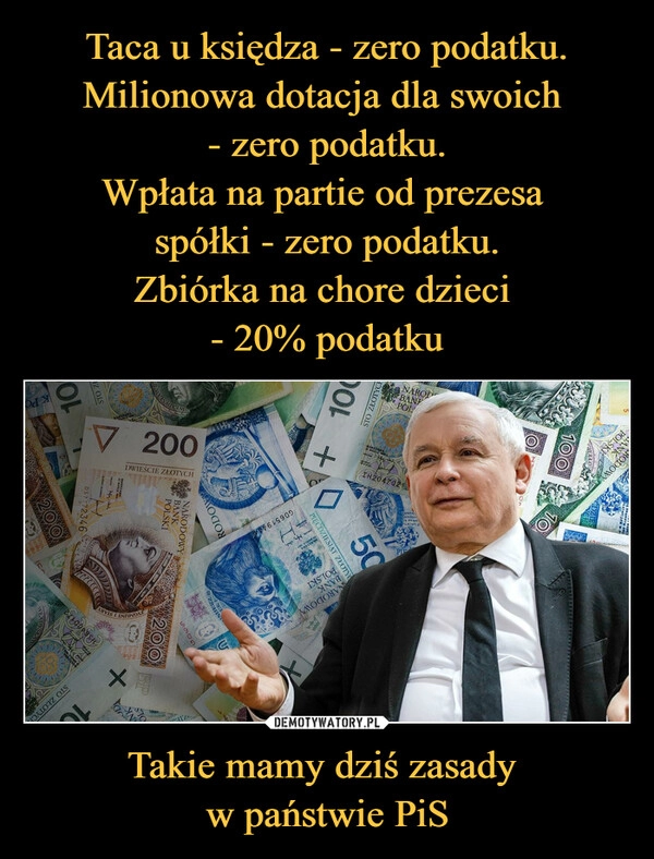 
    Taca u księdza - zero podatku.
Milionowa dotacja dla swoich 
- zero podatku.
Wpłata na partie od prezesa 
spółki - zero podatku.
Zbiórka na chore dzieci 
- 20% podatku Takie mamy dziś zasady 
w państwie PiS