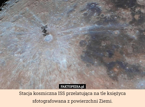 
    Stacja kosmiczna ISS przelatująca na tle księżyca sfotografowana z powierzchni