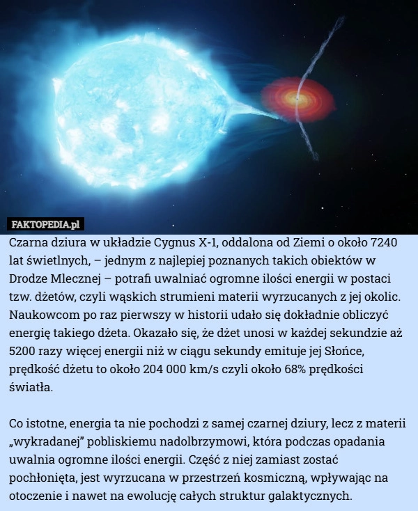 
    Czarna dziura w układzie Cygnus X-1, oddalona od Ziemi o około 7240 lat