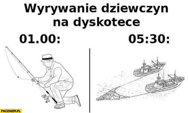 
    Wyrywanie dziewczyn na dyskotece o 1 w nocy wędkarz vs o 5:30 nad ranem łodzie kutry