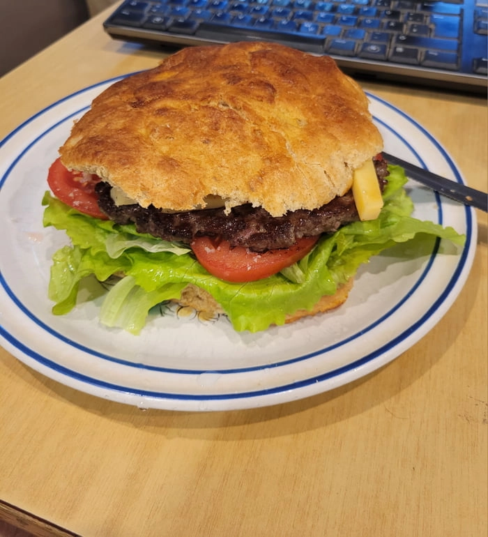 
    Home made spelt bread, lean cow meat from local farmer, tomatos and salad from my own garden