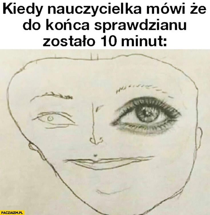 
    Kiedy nauczycielka mówi, że do końca sprawdzianu zostało 10 minut rysunek twarzy ładne oko reszta na szybko