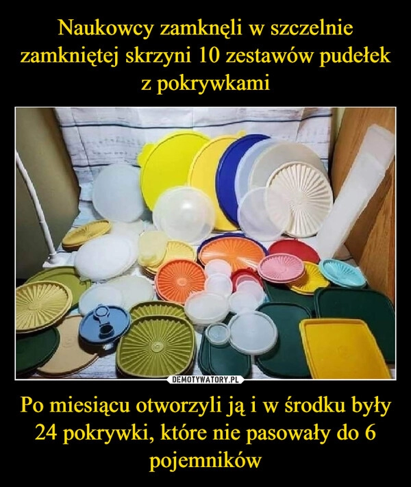 
    Naukowcy zamknęli w szczelnie zamkniętej skrzyni 10 zestawów pudełek z pokrywkami Po miesiącu otworzyli ją i w środku były 24 pokrywki, które nie pasowały do 6 pojemników