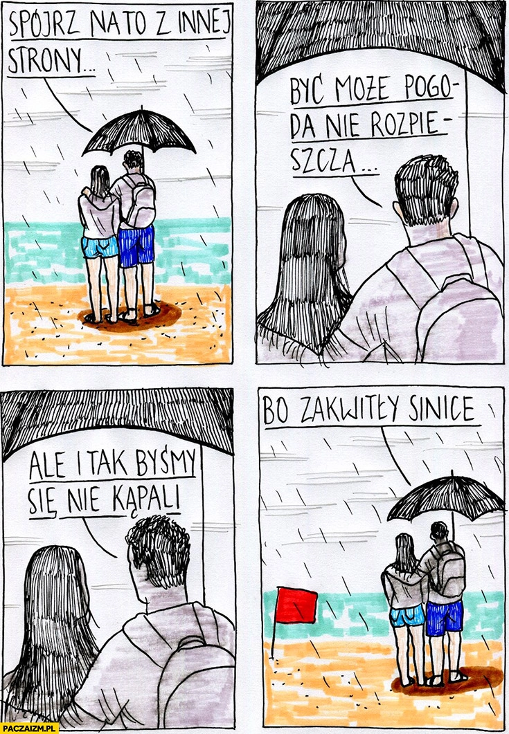
    Wakacje deszcz pada leje pogoda nie rozpieszcza ale i tak byśmy się nie kapali bo zakwitły sinice