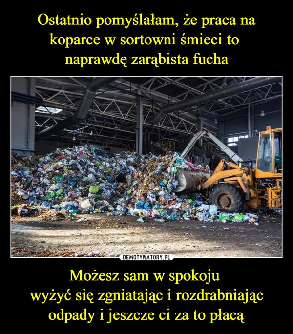 
    Ostatnio pomyślałam, że praca na koparce w sortowni śmieci to 
naprawdę zarąbista fucha Możesz sam w spokoju 
wyżyć się zgniatając i rozdrabniając odpady i jeszcze ci za to płacą