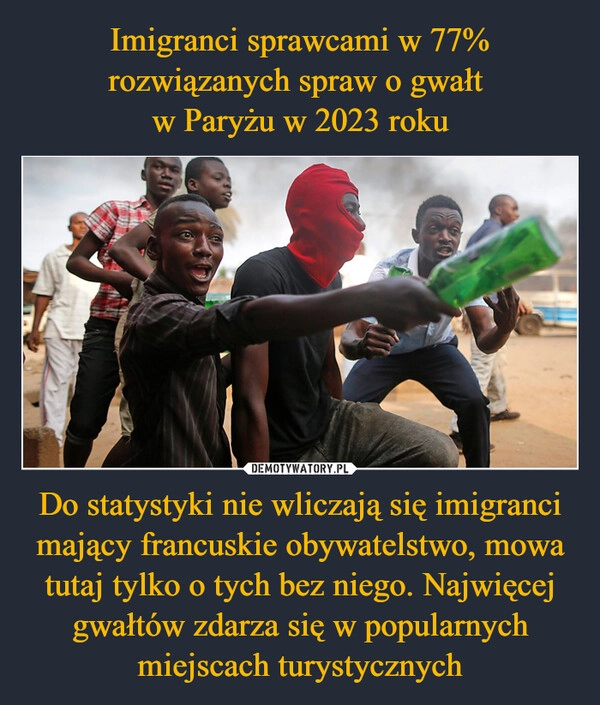 
    Imigranci sprawcami w 77% rozwiązanych spraw o gwałt 
w Paryżu w 2023 roku Do statystyki nie wliczają się imigranci mający francuskie obywatelstwo, mowa tutaj tylko o tych bez niego. Najwięcej gwałtów zdarza się w popularnych miejscach turystycznych