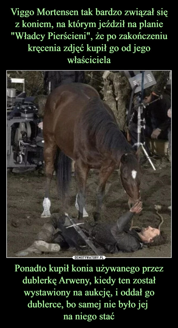 
    Viggo Mortensen tak bardzo związał się z koniem, na którym jeździł na planie "Władcy Pierścieni", że po zakończeniu kręcenia zdjęć kupił go od jego właściciela Ponadto kupił konia używanego przez dublerkę Arweny, kiedy ten został wystawiony na aukcję, i oddał go dublerce, bo samej nie było jej 
na niego stać