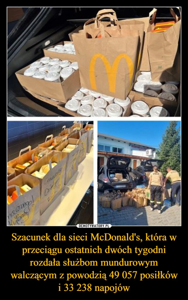 
    Szacunek dla sieci McDonald's, która w przeciągu ostatnich dwóch tygodni rozdała służbom mundurowym walczącym z powodzią 49 057 posiłków i 33 238 napojów