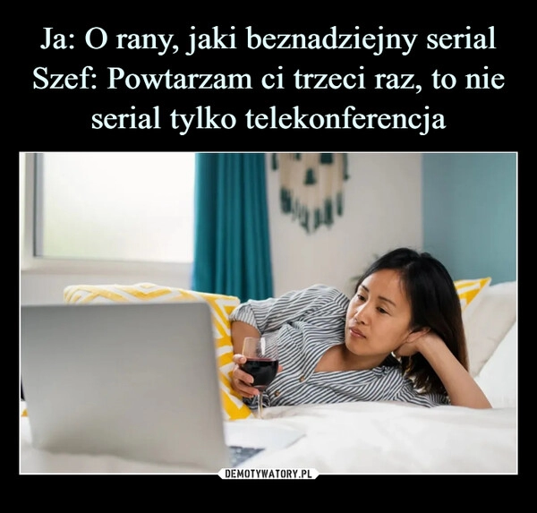 
    Ja: O rany, jaki beznadziejny serial
Szef: Powtarzam ci trzeci raz, to nie serial tylko telekonferencja