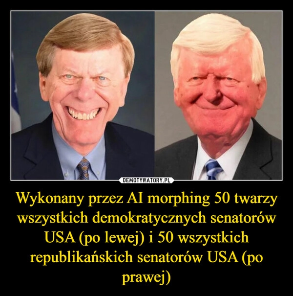 
    Wykonany przez AI morphing 50 twarzy wszystkich demokratycznych senatorów USA (po lewej) i 50 wszystkich republikańskich senatorów USA (po prawej)