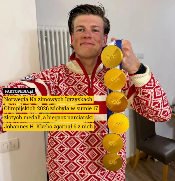 
    Norwegia Na zimowych Igrzyskach Olimpijskich 2026 zdobyła w sumie 17 złotych