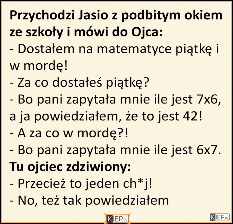 
    Przychodzi Jasio ze szkoły z pobitym okiem i gada do ojca