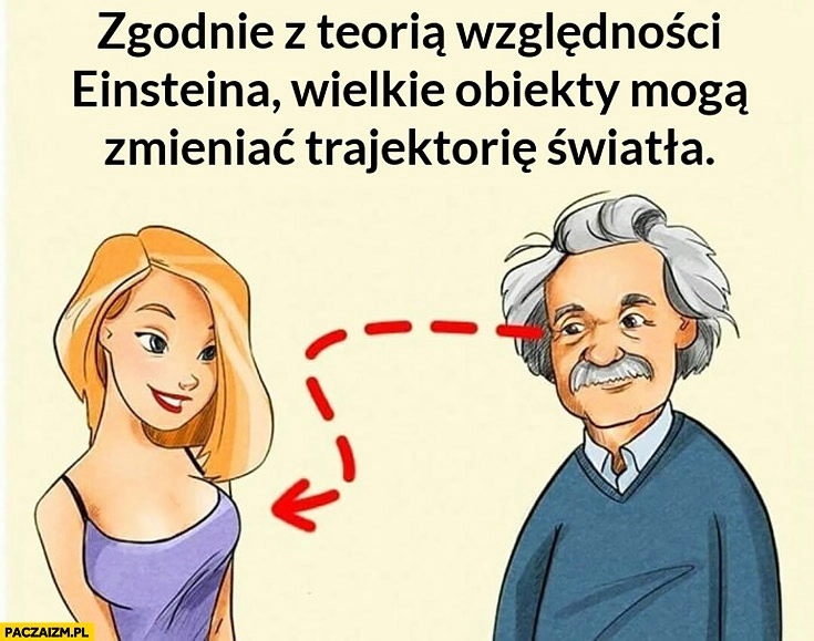 
    Zgodnie z teorią względności Einsteina wielkie obiekty mogą zmieniać trajektorię światła patrzy na biust