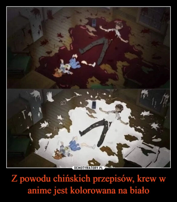 
    Z powodu chińskich przepisów, krew w anime jest kolorowana na biało