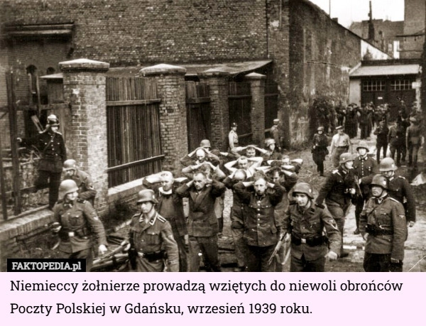 
    Niemieccy żołnierze prowadzą wziętych do niewoli obrońców Poczty Polskiej