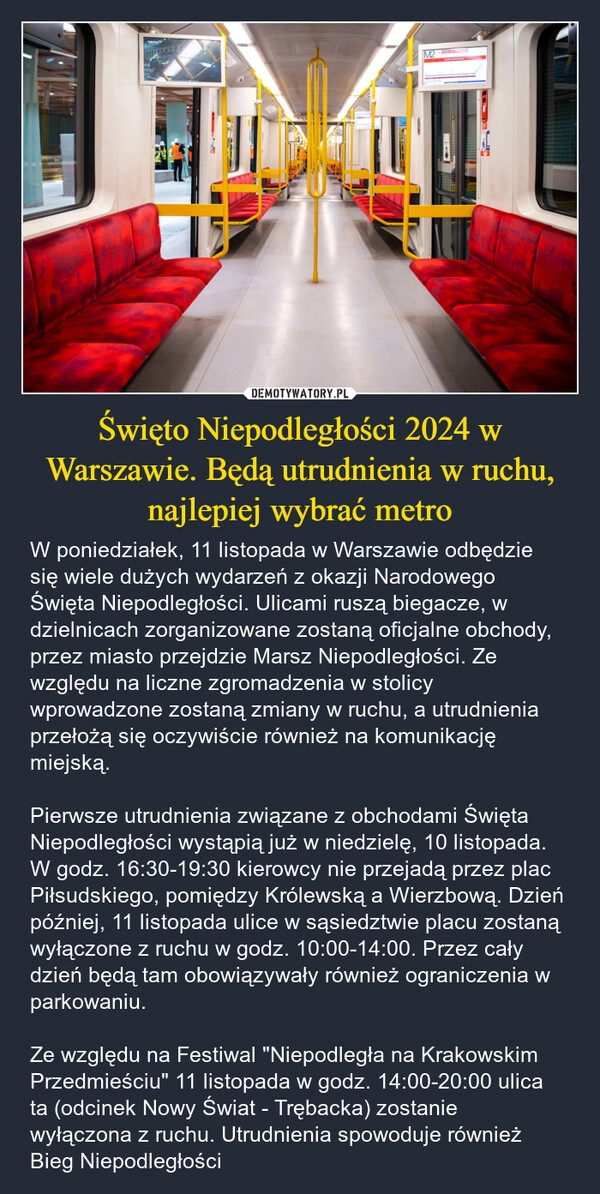 
    Święto Niepodległości 2024 w Warszawie. Będą utrudnienia w ruchu, najlepiej wybrać metro