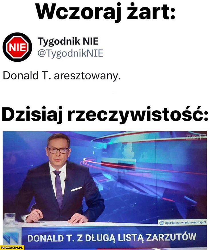 
    Wczoraj żart tygodnik nie Donald T. aresztowany, dzisiaj rzeczywistość pasek wiadomości TVP Donald T. z długą listą zarzutów