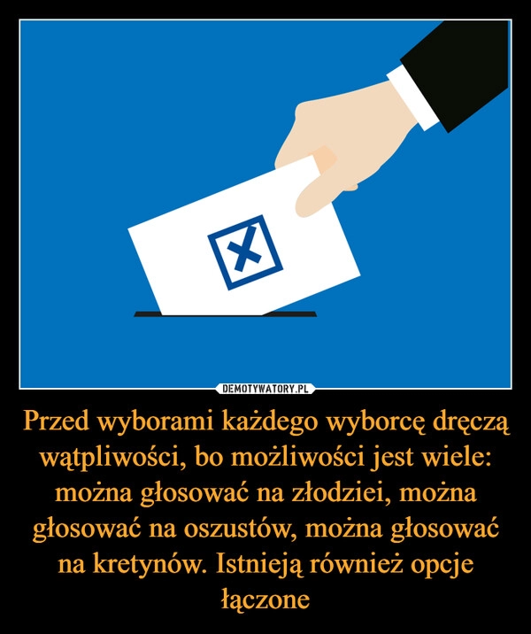 
    Przed wyborami każdego wyborcę dręczą wątpliwości, bo możliwości jest wiele: można głosować na złodziei, można głosować na oszustów, można głosować na kretynów. Istnieją również opcje łączone