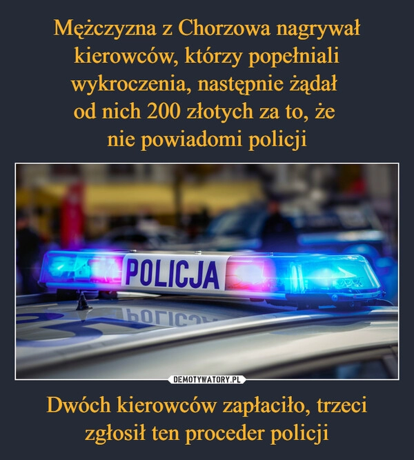 
    Mężczyzna z Chorzowa nagrywał kierowców, którzy popełniali wykroczenia, następnie żądał 
od nich 200 złotych za to, że 
nie powiadomi policji Dwóch kierowców zapłaciło, trzeci zgłosił ten proceder policji