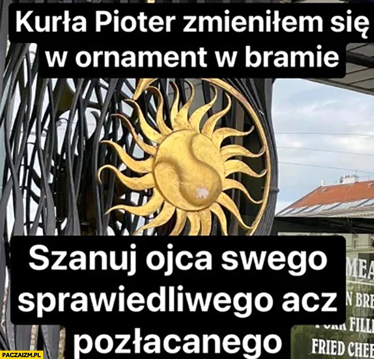 
    Kurła Pioter zmieniłem się w ornament na bramie szanuj ojca swego sprawiedliwego acz pozłacanego nosacz