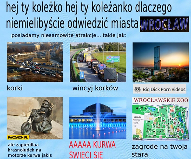 Odwiedź Wrocław atrakcje: korki, więcej korków, krasnoludek na motorze, świeci się fontanna, zoo zagroda na Twoja starą