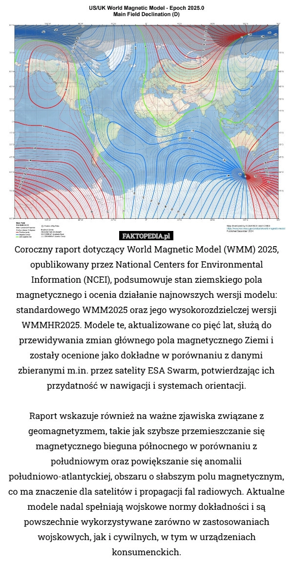 
    Coroczny raport dotyczący World Magnetic Model (WMM) 2025, opublikowany