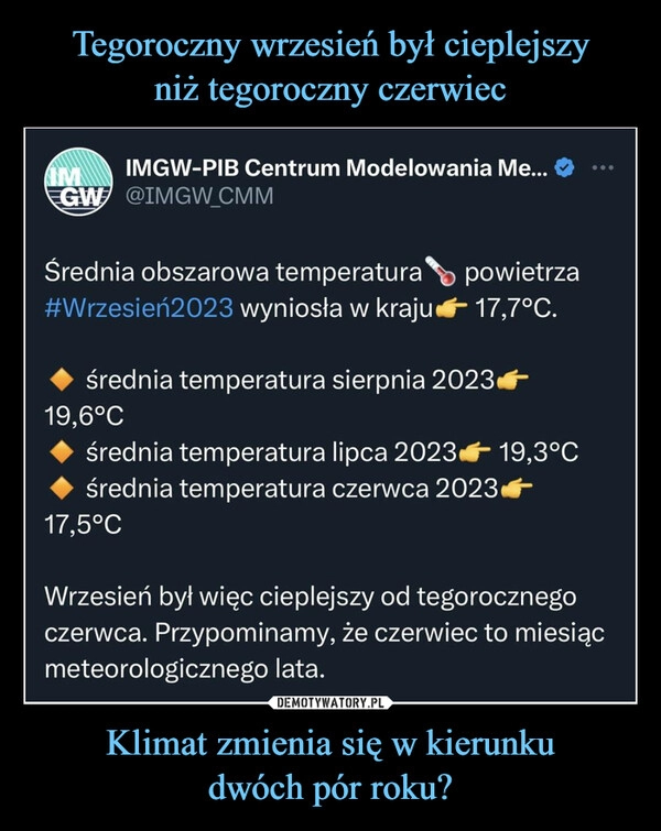 
    Tegoroczny wrzesień był cieplejszy
niż tegoroczny czerwiec Klimat zmienia się w kierunku
dwóch pór roku?