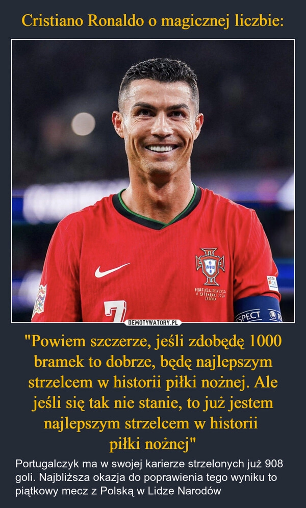 
    Cristiano Ronaldo o magicznej liczbie: "Powiem szczerze, jeśli zdobędę 1000 bramek to dobrze, będę najlepszym strzelcem w historii piłki nożnej. Ale jeśli się tak nie stanie, to już jestem najlepszym strzelcem w historii 
piłki nożnej"