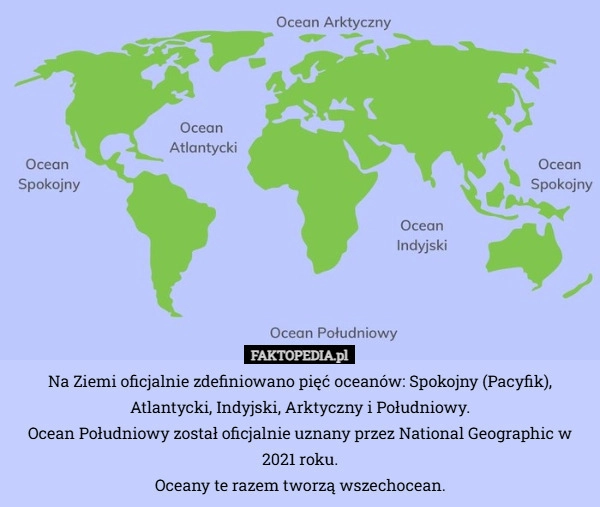 
    Na Ziemi oficjalnie zdefiniowano pięć oceanów: Spokojny (Pacyfik), Atlantycki,