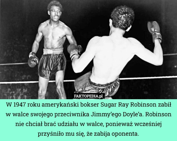 
    W 1947 roku amerykański bokser Sugar Ray Robinson zabił w walce swojego