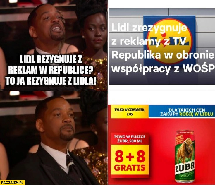 
    Lidl rezygnuje z reklam w tv republice to ja rezygnuje z Lidla tymczasem promocja Żubr 8 plus 8 gratis Will Smith