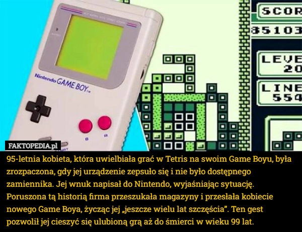 
    95-letnia kobieta, która uwielbiała grać w Tetris na swoim Game Boyu, była