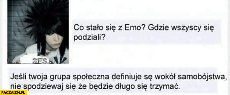 
    Co się stało z emo, gdzie się wszyscy podziali? Jeśli Twoja grupa społeczna identyfikuje się z samobójstwem nie spodziewaj się, że będzie się długo trzymać