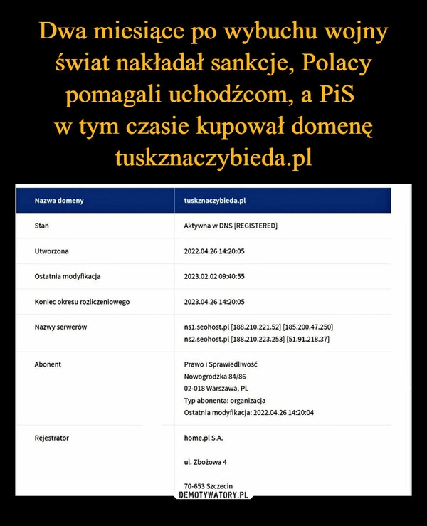 
    Dwa miesiące po wybuchu wojny świat nakładał sankcje, Polacy pomagali uchodźcom, a PiS 
w tym czasie kupował domenę tuskznaczybieda.pl