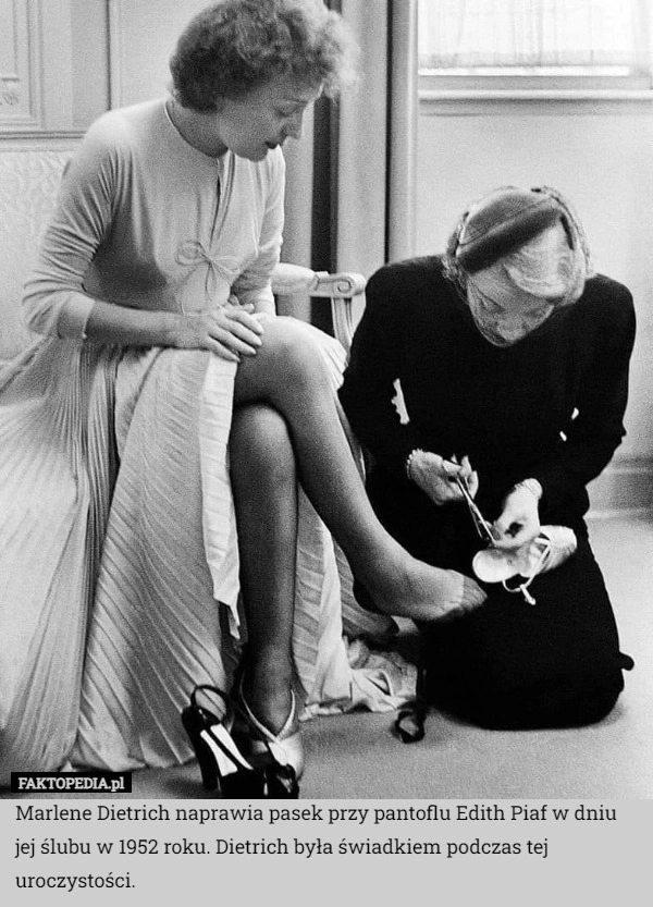 
    Marlene Dietrich naprawia pasek przy pantoflu Edith Piaf w dniu jej ślubu