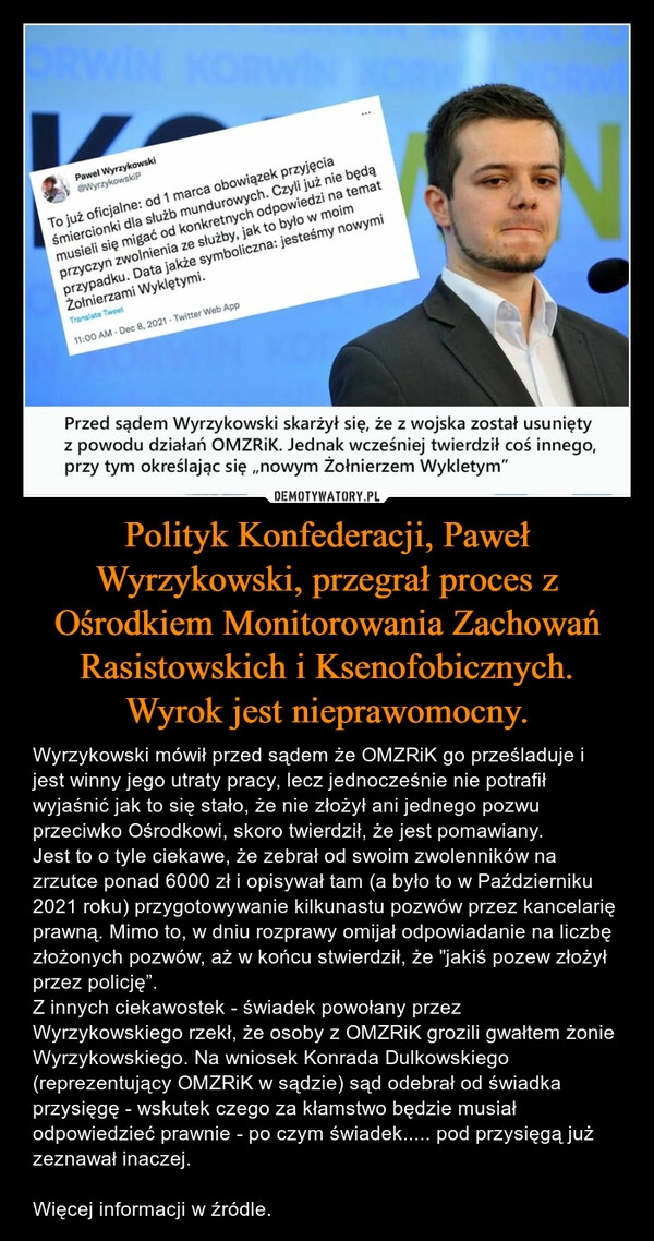 
    Polityk Konfederacji, Paweł Wyrzykowski, przegrał proces z Ośrodkiem Monitorowania Zachowań Rasistowskich i Ksenofobicznych. Wyrok jest nieprawomocny.