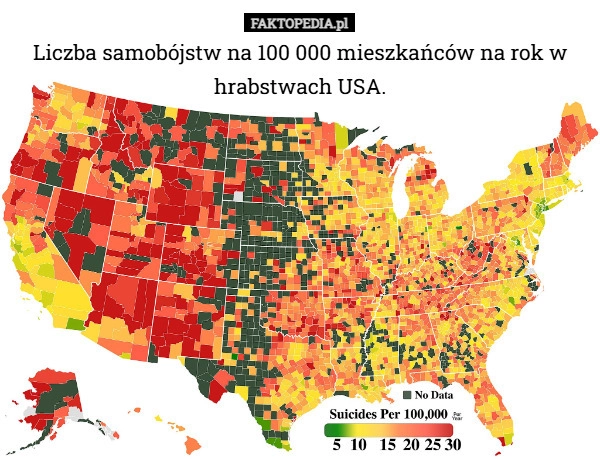 
    Liczba samobójstw na 100 000 mieszkańców na rok w hrabstwach USA.