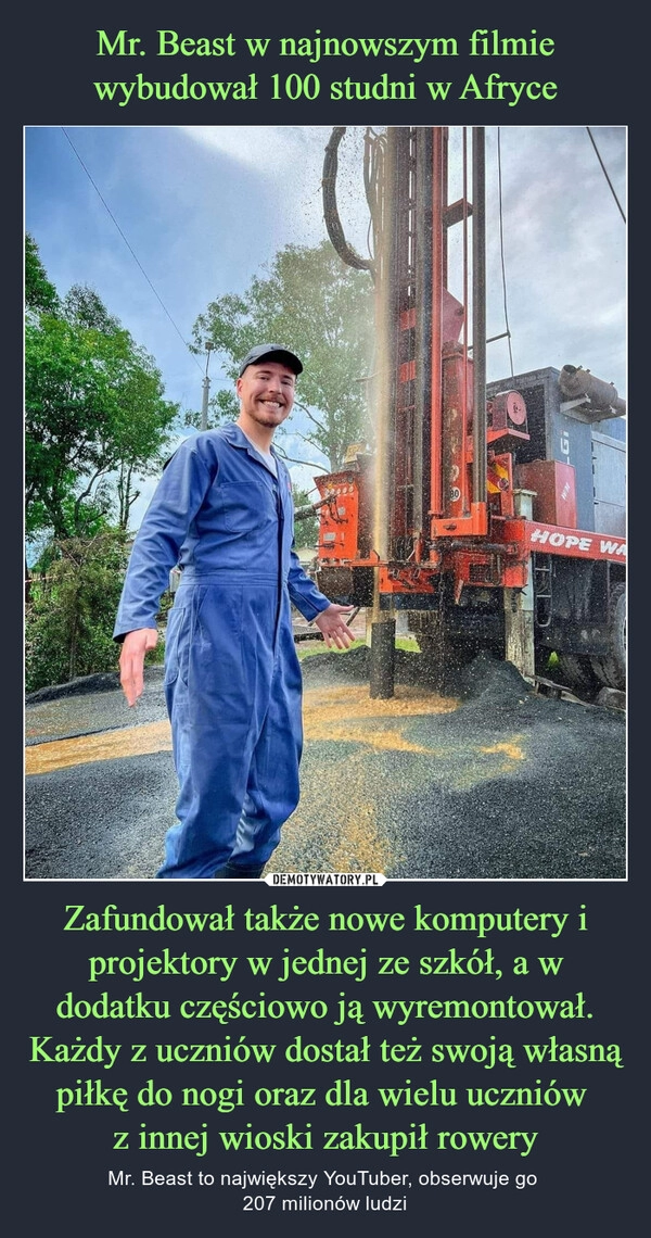 
    Mr. Beast w najnowszym filmie wybudował 100 studni w Afryce Zafundował także nowe komputery i projektory w jednej ze szkół, a w dodatku częściowo ją wyremontował. Każdy z uczniów dostał też swoją własną piłkę do nogi oraz dla wielu uczniów 
z innej wioski zakupił rowery