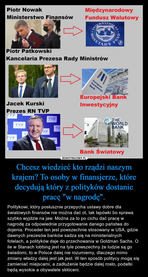 
    
Chcesz wiedzieć kto rządzi naszym krajem? To osoby w finansjerze, które decydują który z polityków dostanie pracę "w nagrodę". 