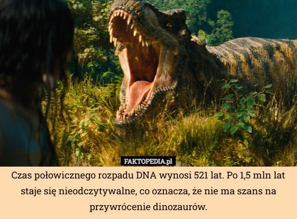 
    Czas połowicznego rozpadu DNA wynosi 521 lat. Po 1,5 mln lat staje się nieodczytywalne,