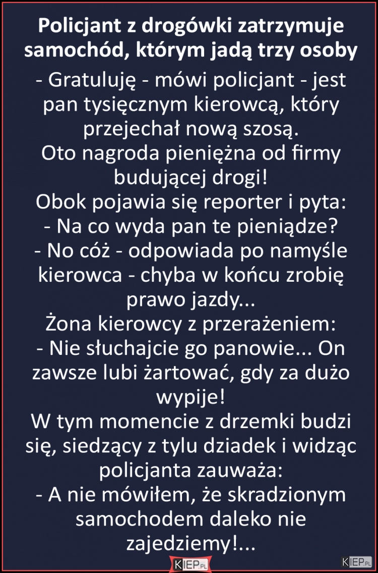 
    Policjant z drogówki zatrzymuje samochód, którym jadą trzy osoby...