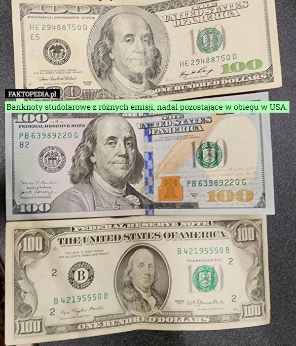 
    Banknoty studolarowe z różnych emisji, nadal pozostające w obiegu w USA.