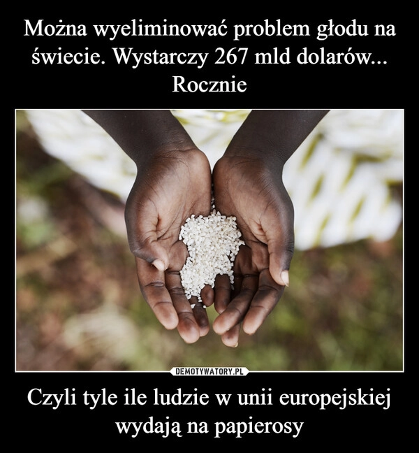 
    Można wyeliminować problem głodu na świecie. Wystarczy 267 mld dolarów... Rocznie Czyli tyle ile ludzie w unii europejskiej wydają na papierosy