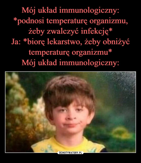 
    Mój układ immunologiczny: *podnosi temperaturę organizmu, żeby zwalczyć infekcję*
Ja: *biorę lekarstwo, żeby obniżyć temperaturę organizmu*
Mój układ immunologiczny: